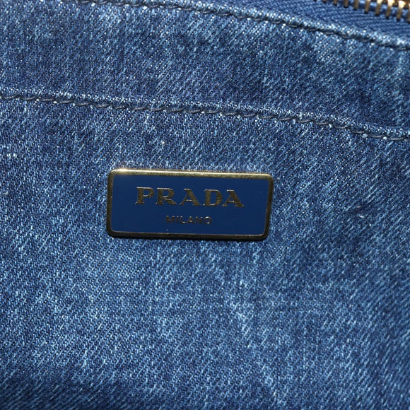 PRADA Canapa MM Hand Bag Denim Blue Gold Auth 155597