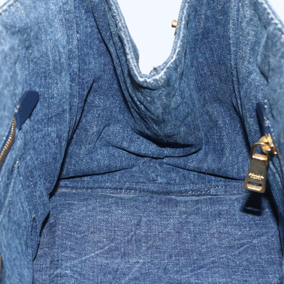 PRADA Canapa MM Hand Bag Denim Blue Gold Auth 155597