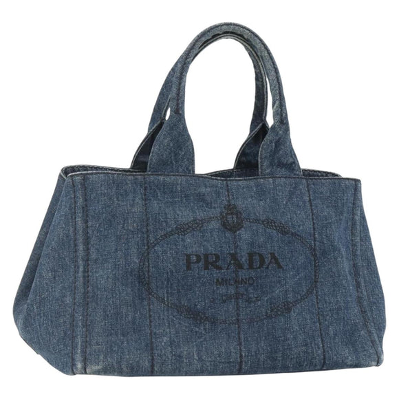 PRADA Canapa MM Hand Bag Denim Blue Gold Auth 155597A