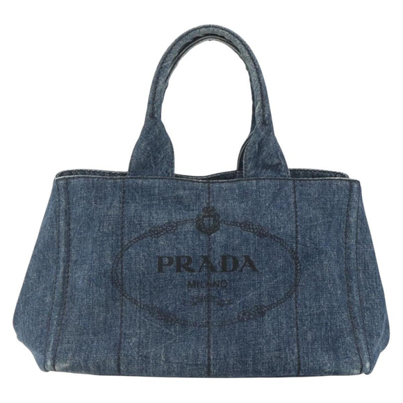 PRADA Canapa MM Hand Bag Denim Blue Gold Auth 155597A