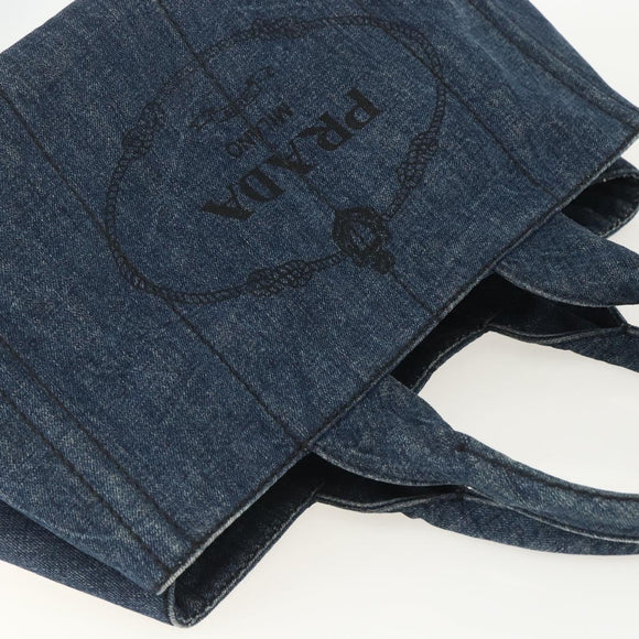 PRADA Canapa MM Hand Bag Denim Blue Gold Auth 155597