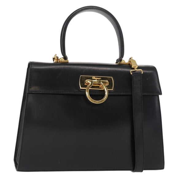 Salvatore Ferragamo Gancini Hand Bag Leather 2way Black Gold Auth 155615