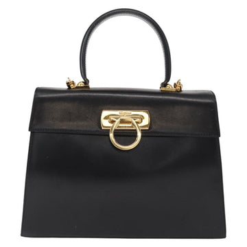 Salvatore Ferragamo Gancini Hand Bag Leather 2way Black Gold Auth 155615 - 0