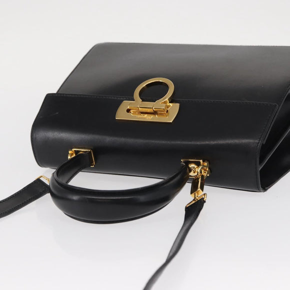 Salvatore Ferragamo Gancini Hand Bag Leather 2way Black Gold Auth 155615