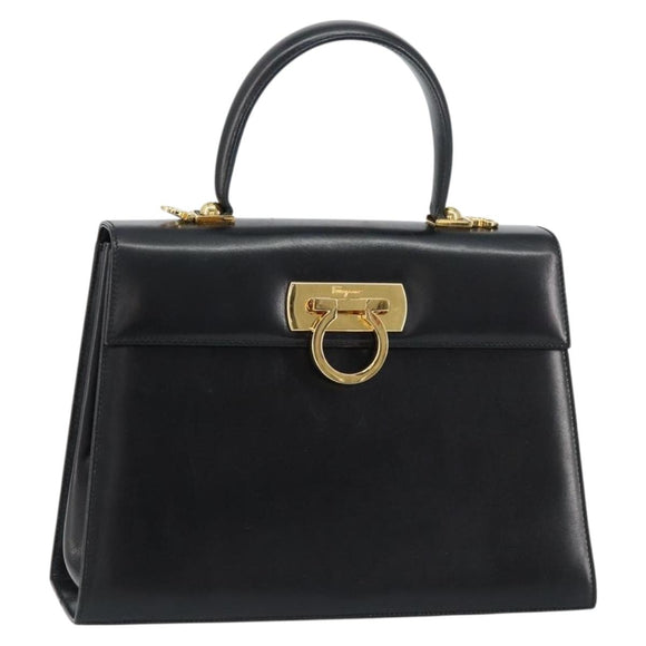Salvatore Ferragamo Gancini Hand Bag Leather Black Gold Auth 155625