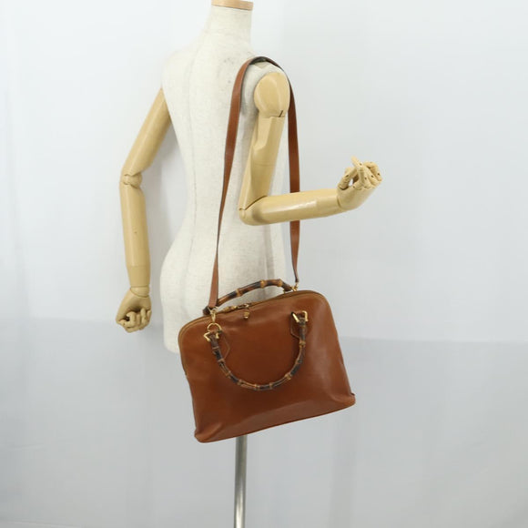 GUCCI Bamboo Hand Bag Leather 2way Brown Gold Auth 155634