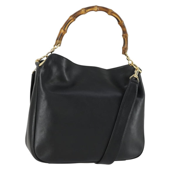 GUCCI Bamboo Shoulder Bag Leather 2way Black Gold 001 1638 2123 Auth 155635