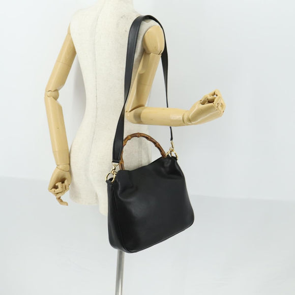 GUCCI Bamboo Shoulder Bag Leather 2way Black Gold 001 1638 2123 Auth 155635