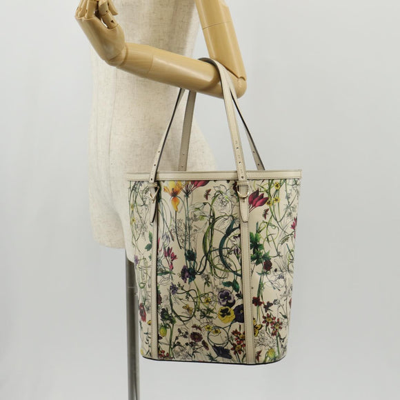 GUCCI Flora Tote Bag Leather White Gold 336777 Auth 155641V
