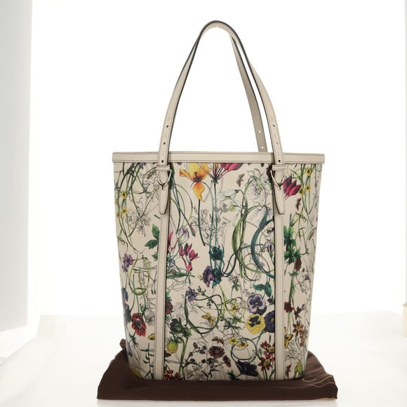 GUCCI Flora Tote Bag Leather White Gold 336777 Auth 155641V