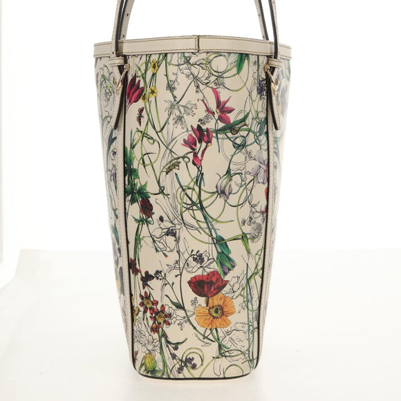 GUCCI Flora Tote Bag Leather White Gold 336777 Auth 155641V