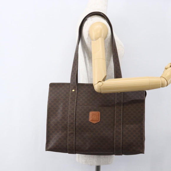 CELINE Macadam Canvas Tote Bag PVC Leather Brown Gold Auth 155642