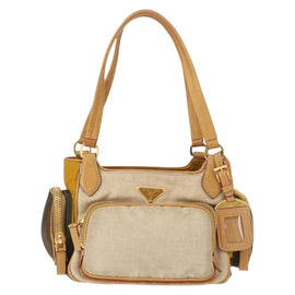 PRADA Hand Bag Canvas Beige Gold Auth 155660 - 0