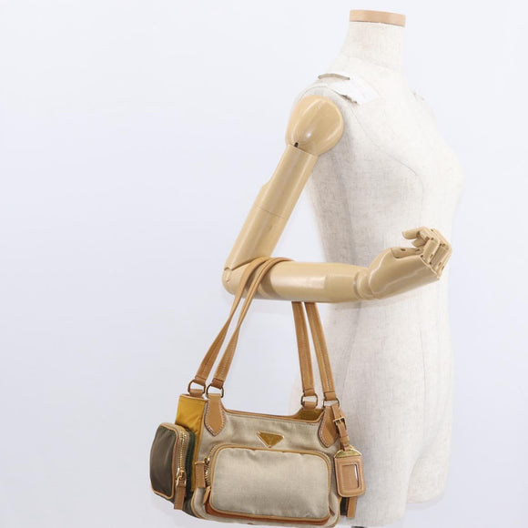 PRADA Hand Bag Canvas Beige Gold Auth 155660