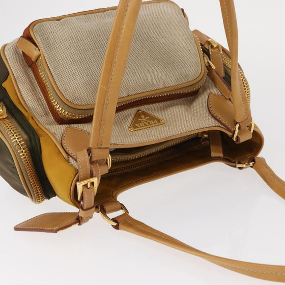 PRADA Hand Bag Canvas Beige Gold Auth 155660