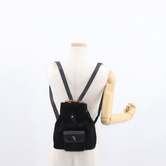 GUCCI Bamboo Backpack Suede Black Gold Auth 155693