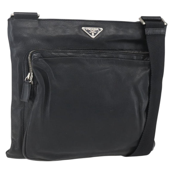 PRADA Schoudertas Leer Zwart Zilver Auth 155697A