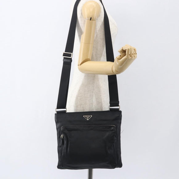 PRADA Schoudertas Leer Zwart Zilver Auth 155697A