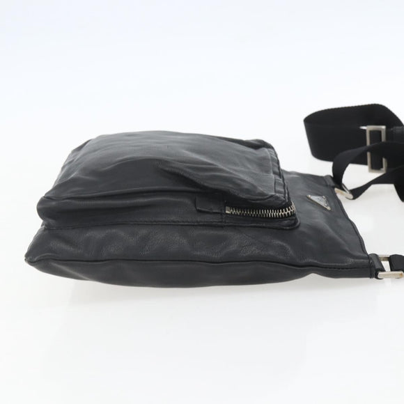 PRADA Schoudertas Leer Zwart Zilver Auth 155697A