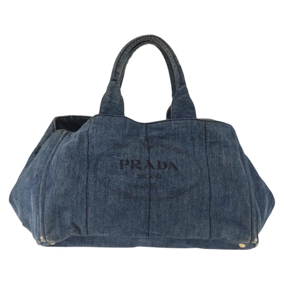 PRADA Canapa GM Hand Bag Denim Blue Gold Auth 155724