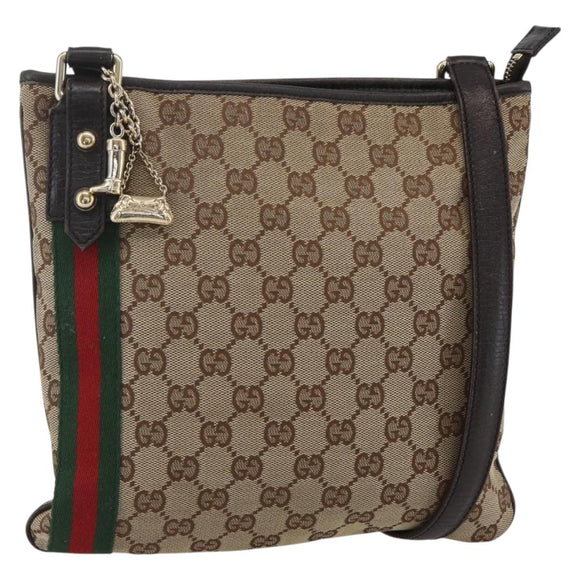 GUCCI GG Canvas Web Sherry Line Shoulder Bag Beige Gold Red 144388 Auth 155727