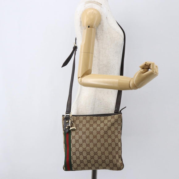 GUCCI GG Canvas Web Sherry Line Shoulder Bag Beige Gold Red 144388 Auth 155727