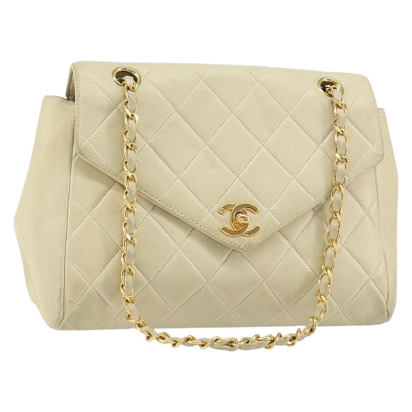 CHANEL Matelasse Chain Shoulder Bag Lamb Skin Beige Gold CC Auth 155739