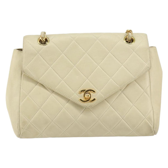 CHANEL Matelasse Chain Shoulder Bag Lamb Skin Beige Gold CC Auth 155739