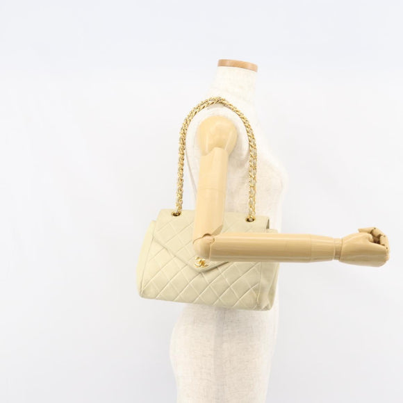 CHANEL Matelasse Chain Shoulder Bag Lamb Skin Beige Gold CC Auth 155739