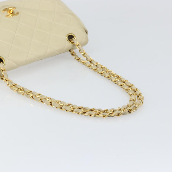 CHANEL Matelasse Chain Shoulder Bag Lamb Skin Beige Gold CC Auth 155739
