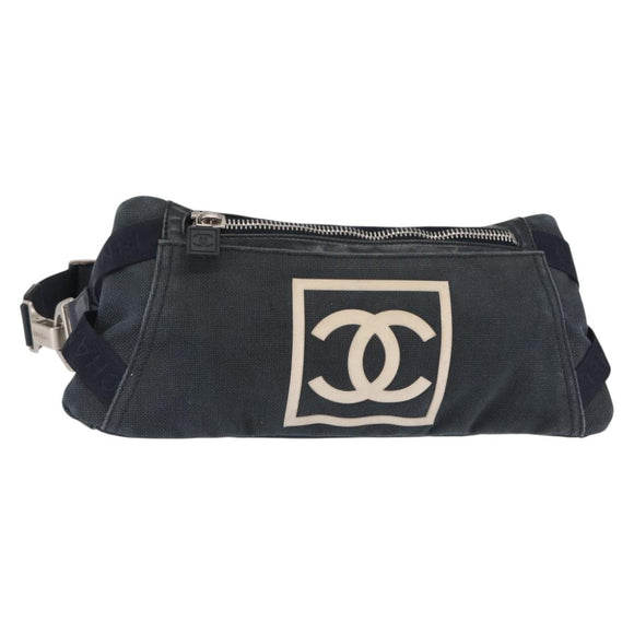 CHANEL Sports Line Waist bag Canvas Navy Silver CC Auth 155746