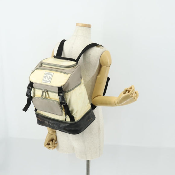 CHANEL Sports Line COCO Mark Backpack Nylon Leather Beige Silver CC Auth 155765