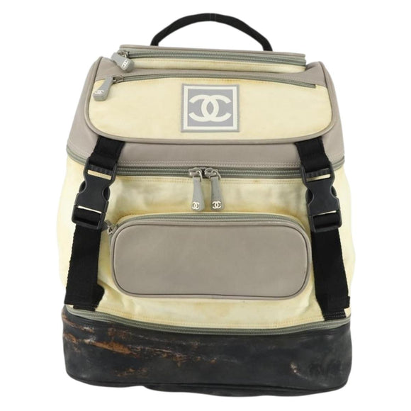 CHANEL Sports Line COCO Mark Backpack Nylon Leather Beige Silver CC Auth 155765