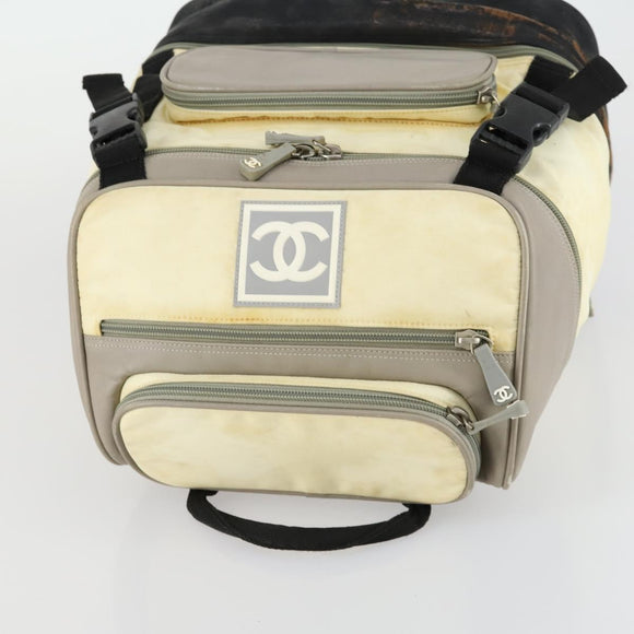 CHANEL Sports Line COCO Mark Backpack Nylon Leather Beige Silver CC Auth 155765