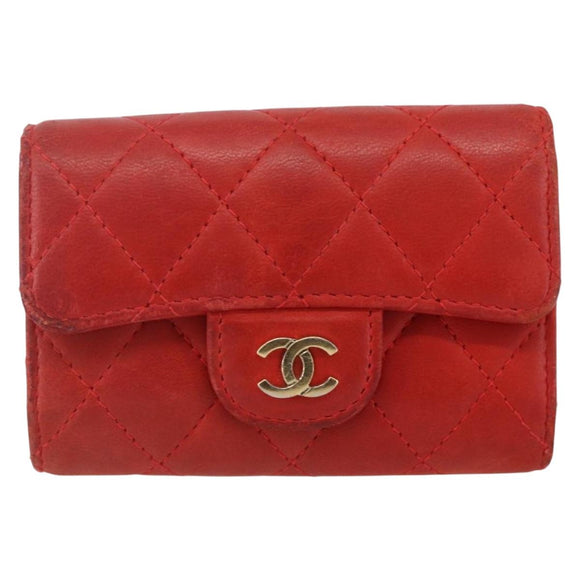 CHANEL Lamb Skin Matelasse Key Case Red Gold CC Auth 155782
