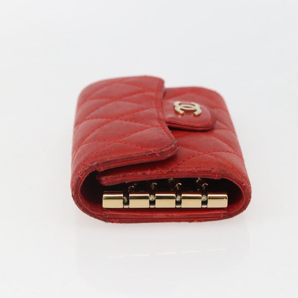 CHANEL Lamb Skin Matelasse Key Case Red Gold CC Auth 155782