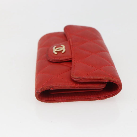 CHANEL Lamb Skin Matelasse Key Case Red Gold CC Auth 155782