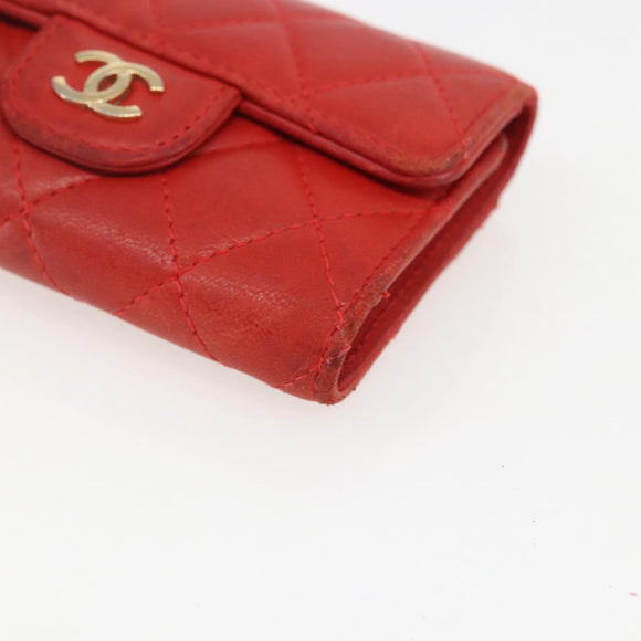CHANEL Lamb Skin Matelasse Key Case Red Gold CC Auth 155782