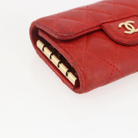 CHANEL Lamb Skin Matelasse Key Case Red Gold CC Auth 155782