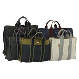 HERMES Hand Bag Canvas 5 Set Black Navy khaki Auth 155786