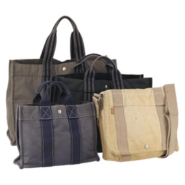 HERMES Hand Bag Canvas 4 Set Navy Black beige Auth 155798