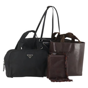 PRADA Tote Bag Nylon Leather 4 Set Black Brown Auth 155801