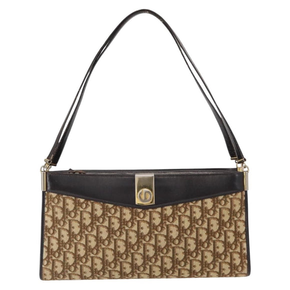 Christian Dior Trotter Canvas Shoulder Bag Brown Gold Auth 155930