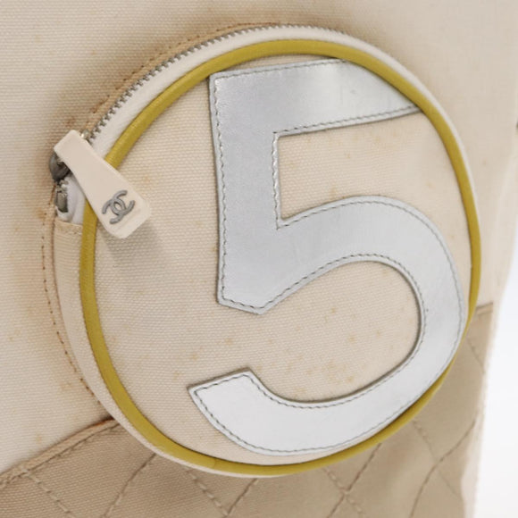 CHANEL Chain Tote Bag No5 Canvas Beige Silver CC Auth 155949