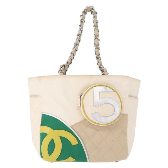 CHANEL Chain Tote Bag No5 Canvas Beige Silver CC Auth 155949