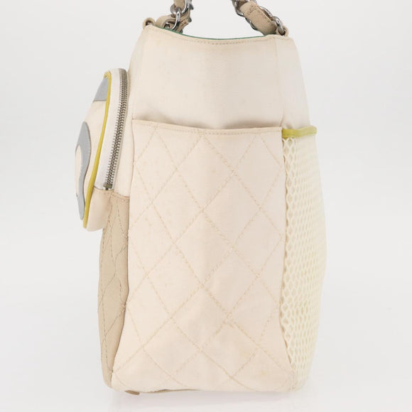CHANEL Chain Tote Bag No5 Canvas Beige Silver CC Auth 155949