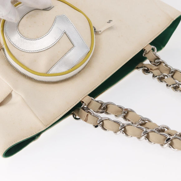CHANEL Chain Tote Bag No5 Canvas Beige Silver CC Auth 155949