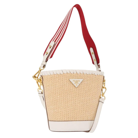 PRADA Shoulder Bag Saffiano leather Raffia Beige Gold Auth 155954SAM