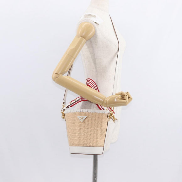 PRADA Shoulder Bag Saffiano leather Raffia Beige Gold Auth 155954SAM
