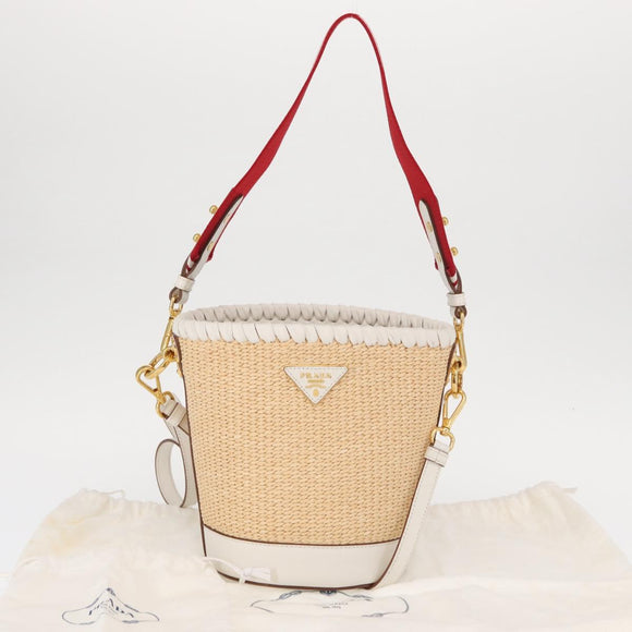 PRADA Shoulder Bag Saffiano leather Raffia Beige Gold Auth 155954SAM